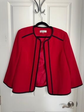 Kasper Red Open-Front Jacket with Black Piping